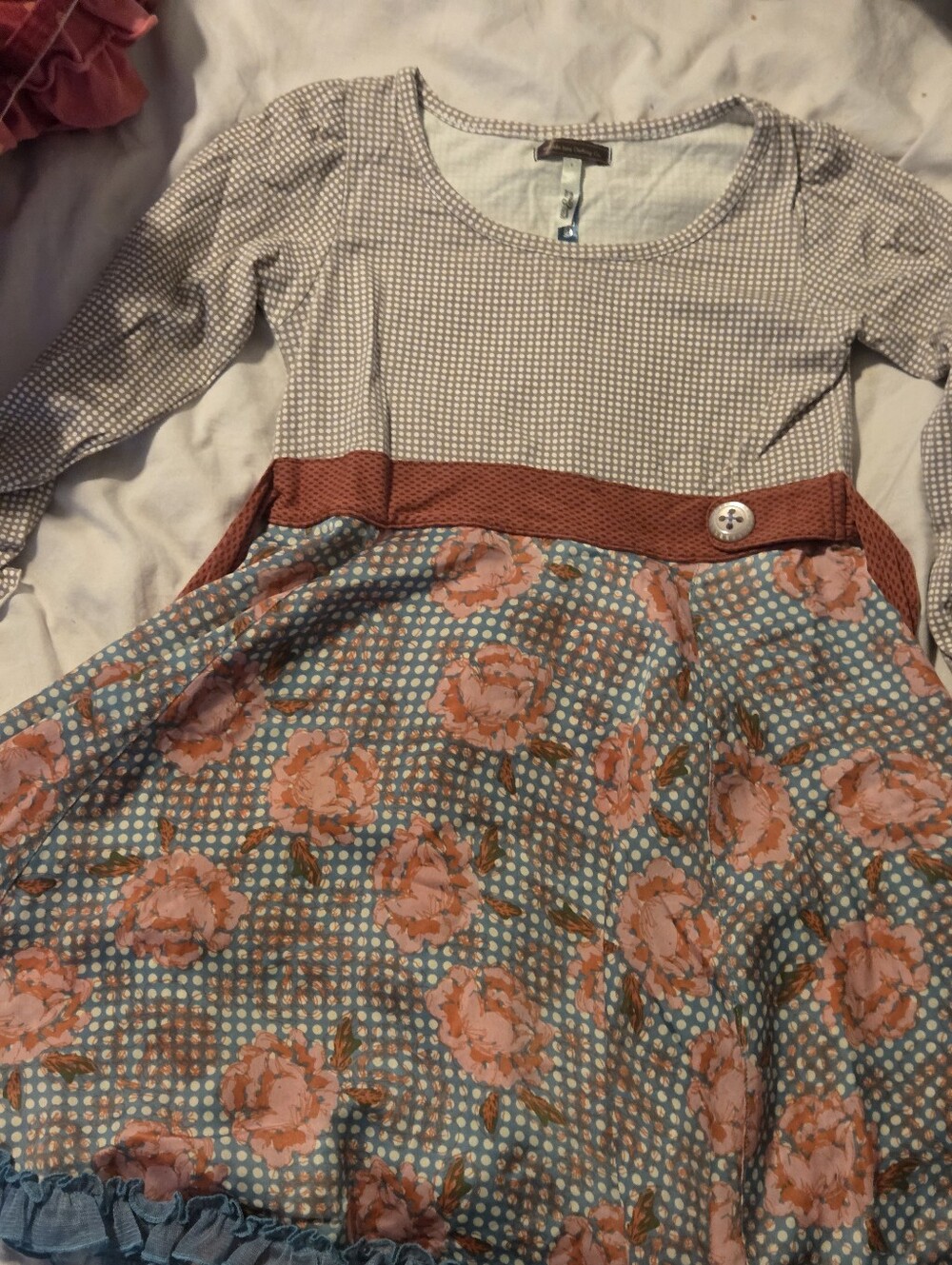 Girls Floral Mixed-Print Dress with Coral Waistband